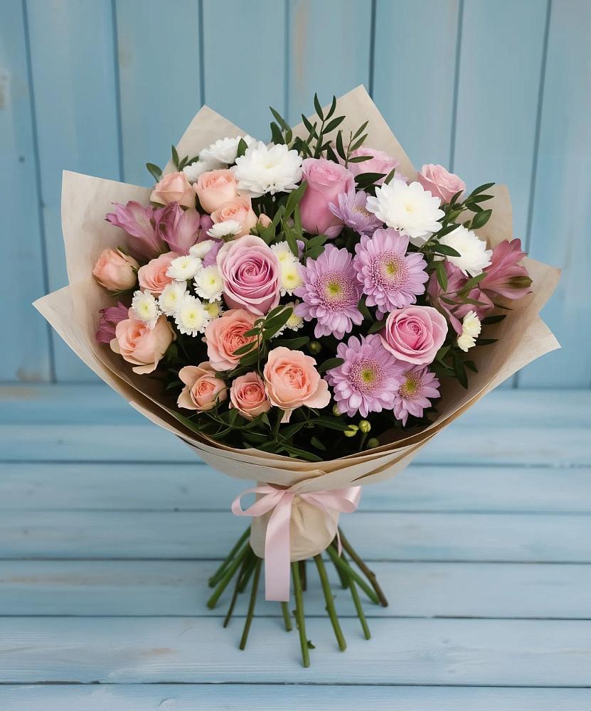 Букет цветов из: Хризантемы, Розы и Альстромерии в Сорске