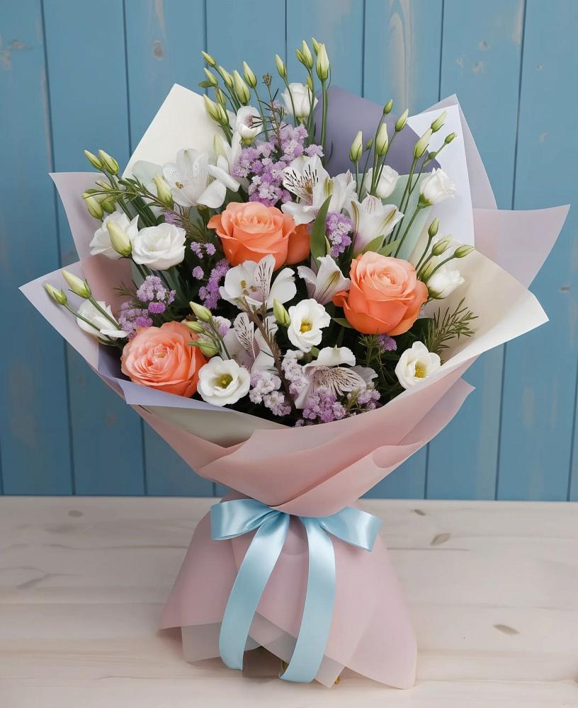 Букет цветов из: Лизиантусы, Розы, Альстромерии и Гипсофила в Сорске