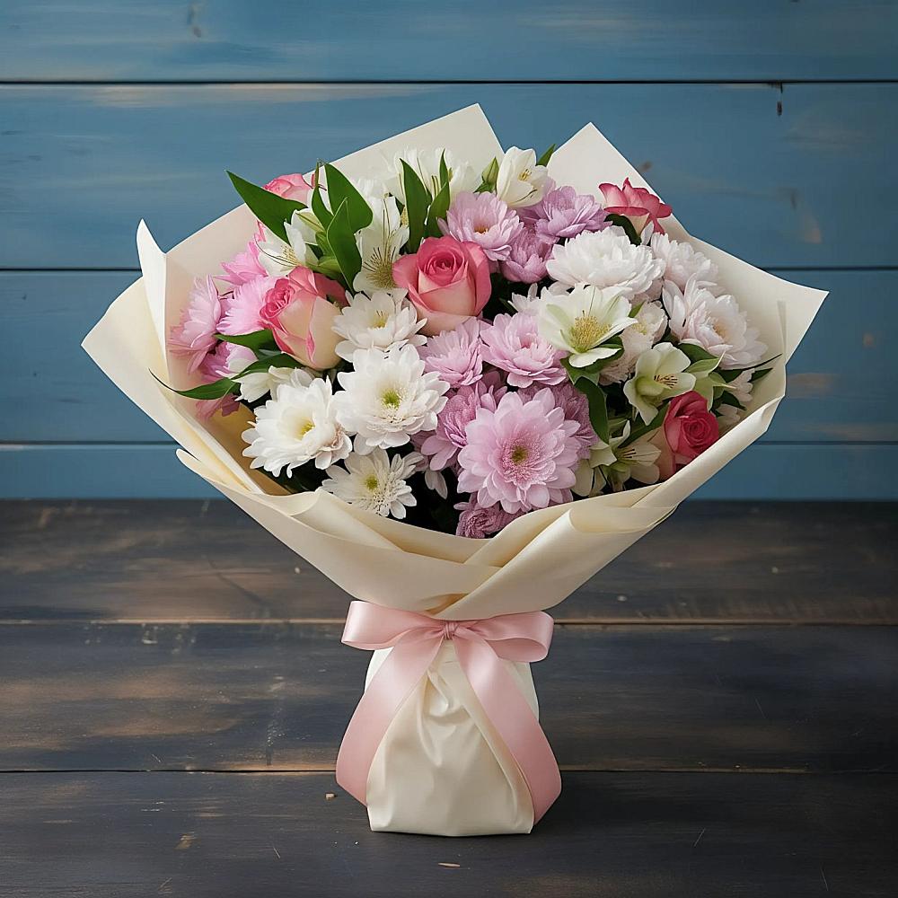 Букет цветов из: Хризантемы, Альстромерии и Розы в Сорске